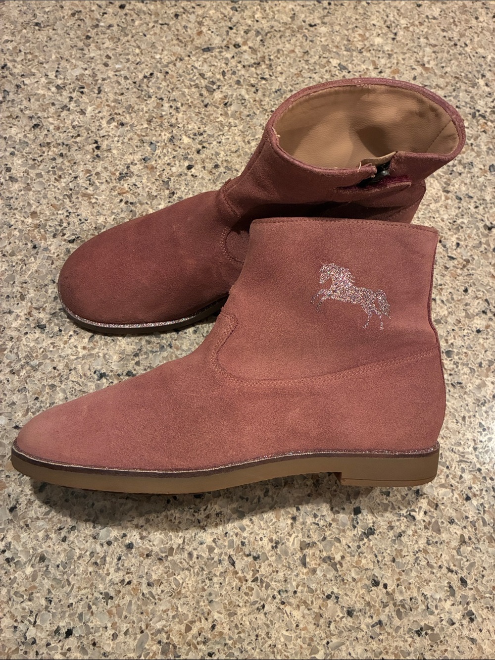 Pom D'Api Suede Ankle Boots in Dusty Rose with Glitter Horse Accent